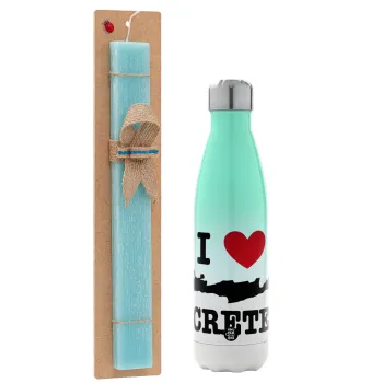 I Love Crete, Easter Set, Metallic green/white thermos (Stainless steel), double-walled, 500ml & scented flat Easter candle (30cm) (TURQUOISE)
