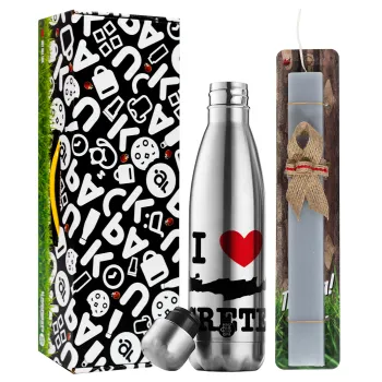 I Love Crete, Easter Set, metallic stainless thermos flask (500ml) & scented flat Easter candle (30cm) (GRAY)