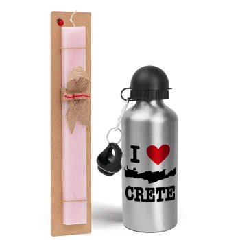I Love Crete, Easter Set, metallic Silver aluminum water bottle (500ml) & scented flat Easter candle (30cm) (PINK)