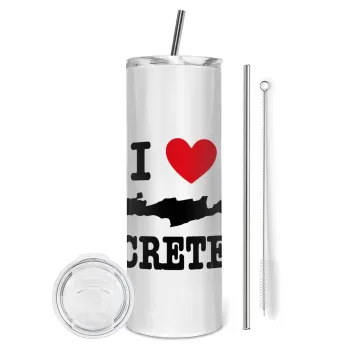 I Love Crete, Tumbler ποτήρι θερμό από ανοξείδωτο ατσάλι 600ml, με μεταλλικό καλαμάκι & βούρτσα καθαρισμού