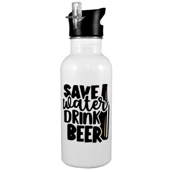 Save Water, Drink BEER, Παγούρι νερού Λευκό με καλαμάκι, ανοξείδωτο ατσάλι 600ml