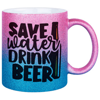 Save Water, Drink BEER, Κούπα Χρυσή/Μπλε Glitter, κεραμική, 330ml
