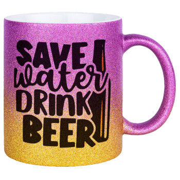 Save Water, Drink BEER, Κούπα Χρυσή/Ροζ Glitter, κεραμική, 330ml