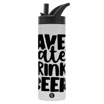 Save Water, Drink BEER, Metallic thermos bottle with straw & handle, stainless steel (Stainless steel 304), double-walled, 600ml.