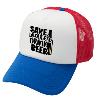 Save Water, Drink BEER, Καπέλο Ενηλίκων Soft Trucker με Δίχτυ Red/Blue/White (POLYESTER, ΕΝΗΛΙΚΩΝ, UNISEX, ONE SIZE)