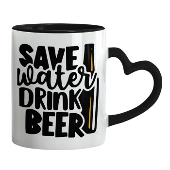 Save Water, Drink BEER, Κούπα καρδιά χερούλι μαύρη, κεραμική, 330ml