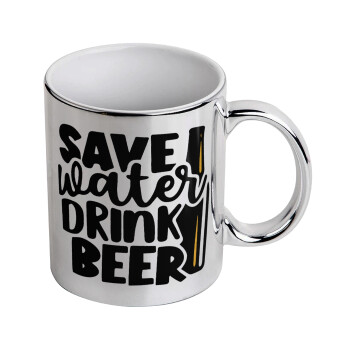 Save Water, Drink BEER, Κούπα κεραμική, ασημένια καθρέπτης, 330ml