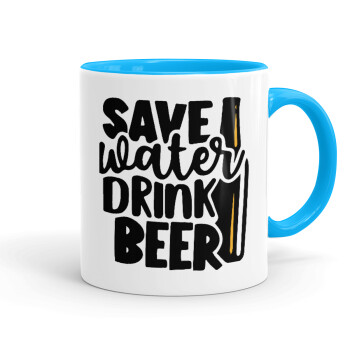 Save Water, Drink BEER, Κούπα χρωματιστή γαλάζια, κεραμική, 330ml