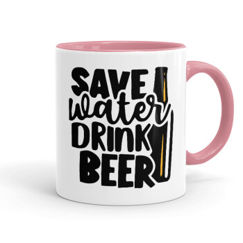 Save Water, Drink BEER, Κούπα χρωματιστή ροζ, κεραμική, 330ml
