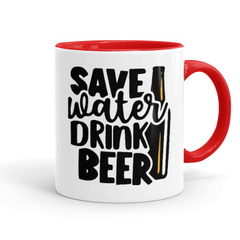 Save Water, Drink BEER, Κούπα χρωματιστή κόκκινη, κεραμική, 330ml