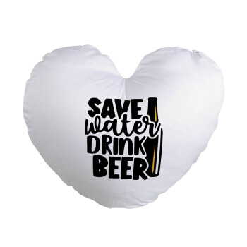 Save Water, Drink BEER, Μαξιλάρι καναπέ καρδιά 40x40cm περιέχεται το  γέμισμα