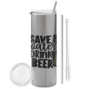 Tumbler stainless steel Silver 600ml, with metal straw & cleaning brush