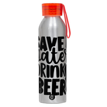 Save Water, Drink BEER, Αλουμινένιο Αθλητικό Μπουκάλι 650ml – Ασημί με Κόκκινο Καπάκι και Λουράκι Σιλικόνης
