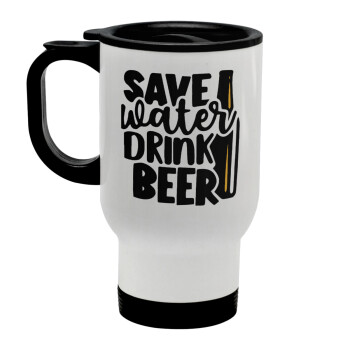 Save Water, Drink BEER, Κούπα ταξιδιού ανοξείδωτη με καπάκι, διπλού τοιχώματος (θερμό) λευκή 450ml