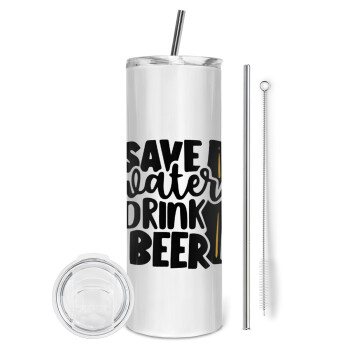 Save Water, Drink BEER, Eco friendly ποτήρι θερμό (tumbler) από ανοξείδωτο ατσάλι 600ml, με μεταλλικό καλαμάκι & βούρτσα καθαρισμού