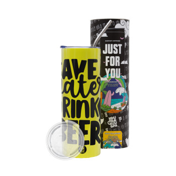 Save Water, Drink BEER, Neon Yellow Travel Tumbler θερμό, μεταλλικό καλαμάκι(Ανωξείδωτο 304 Food grade, BPA free, 600ml)