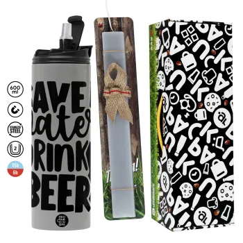Save Water, Drink BEER, Πασχαλινή Λαμπάδα με Travel Tumbler θερμό (600ml, BPA free) & κερί αρωματικό πλακέ (30cm) (ΓΚΡΙ)