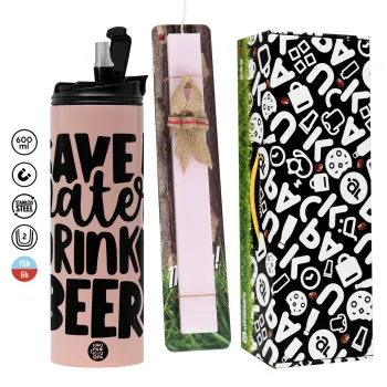 Save Water, Drink BEER, Πασχαλινή Λαμπάδα με  ΡΟΖ Travel Tumbler θερμό (600ml, BPA free) & κερί αρωματικό πλακέ (30cm) (ΡΟΖ)