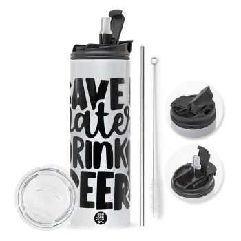 Save Water, Drink BEER, Travel Tumbler θερμό με διπλό καπάκι, μεταλλικό καλαμάκι και βούρτσα καθαρισμού (Ανωξείδωτο 304 Food grade, BPA free, 600ml)