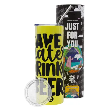 Save Water, Drink BEER, Neon Yellow Travel Tumbler θερμό, μεταλλικό καλαμάκι(Ανωξείδωτο 304 Food grade, BPA free, 600ml)