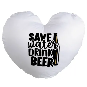 Save Water, Drink BEER, Μαξιλάρι καναπέ καρδιά 40x40cm περιέχεται το  γέμισμα