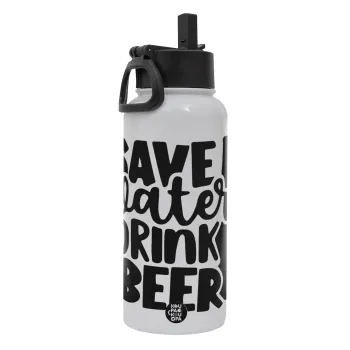 Save Water, Drink BEER, Metal mug thermo White with Straw and Spout Lid (Stainless steel), double wall, 950ml