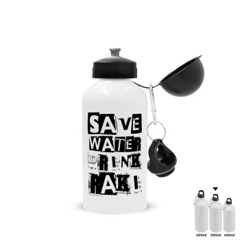 Save Water, Drink RAKI, Μεταλλικό παγούρι νερού, Λευκό, αλουμινίου 500ml