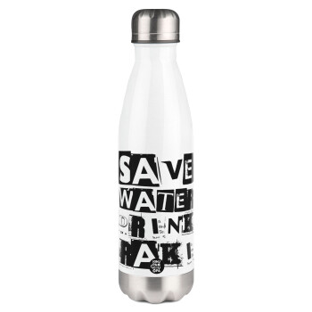 Save Water, Drink RAKI, Μεταλλικό παγούρι θερμός Λευκό (Stainless steel), διπλού τοιχώματος, 500ml
