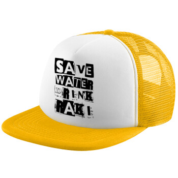 Save Water, Drink RAKI, Καπέλο Soft Trucker με Δίχτυ Κίτρινο/White 