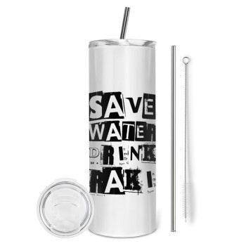 Save Water, Drink RAKI, Eco friendly ποτήρι θερμό (tumbler) από ανοξείδωτο ατσάλι 600ml, με μεταλλικό καλαμάκι & βούρτσα καθαρισμού