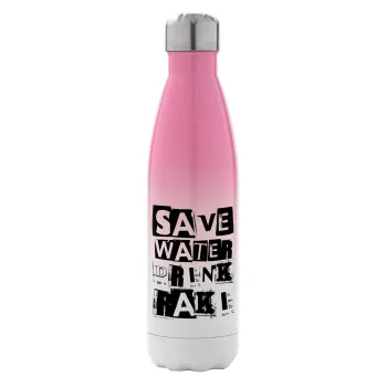 Save Water, Drink RAKI, Μεταλλικό παγούρι θερμός Ροζ/Λευκό (Stainless steel), διπλού τοιχώματος, 500ml