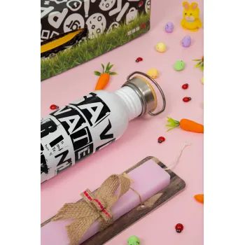 Save Water, Drink RAKI, Πασχαλινή Λαμπάδα με παγούρι μεταλλικό (620ml, stainless steel) & κερί αρωματικό πλακέ (30cm) (ΡΟΖ)