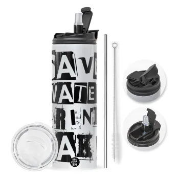 Save Water, Drink RAKI, Travel Tumbler θερμό με διπλό καπάκι, μεταλλικό καλαμάκι και βούρτσα καθαρισμού (Ανωξείδωτο 304 Food grade, BPA free, 600ml)