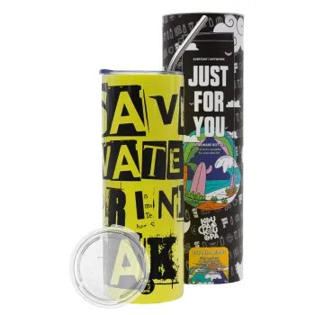 Save Water, Drink RAKI, Neon Yellow Travel Tumbler θερμό, μεταλλικό καλαμάκι(Ανωξείδωτο 304 Food grade, BPA free, 600ml)