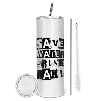 Save Water, Drink RAKI, Tumbler ποτήρι θερμό από ανοξείδωτο ατσάλι 600ml, με μεταλλικό καλαμάκι & βούρτσα καθαρισμού
