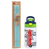Easter Set, Children's thermal stainless steel bottle with safety straw, green/blue (350ml) & aromatic flat Easter candle (30cm) (TURQUOISE)