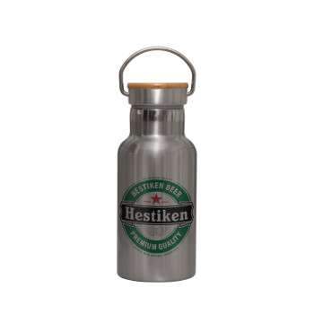 Hestiken Beer, Μεταλλικό παγούρι θερμός (Stainless steel) Ασημένιο με ξύλινο καπακι (bamboo), διπλού τοιχώματος, 350ml