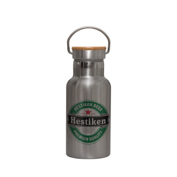 Hestiken Beer, Stainless steel metallic thermos flask, silver with a bamboo lid, double-walled, 350ml.