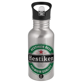 Hestiken Beer, Water bottle Silver with straw, stainless steel 500ml