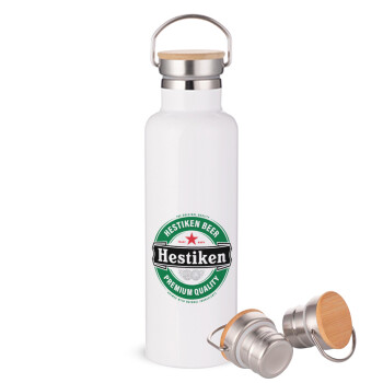 Hestiken Beer, Μεταλλικό παγούρι θερμός (Stainless steel) Λευκό με ξύλινο καπάκι (bamboo), διπλού τοιχώματος, 750ml