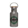Stainless steel metallic thermos flask, silver with a bamboo lid, double-walled, 350ml.