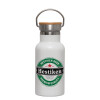 Metallic thermos (Stainless steel) White with wooden lid (bamboo), double-walled, 350ml