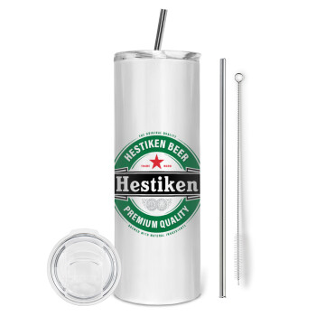 Hestiken Beer, Eco friendly ποτήρι θερμό (tumbler) από ανοξείδωτο ατσάλι 600ml, με μεταλλικό καλαμάκι & βούρτσα καθαρισμού