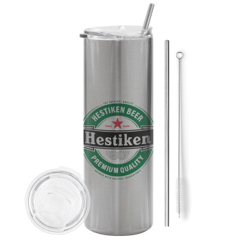 Hestiken Beer, Eco friendly stainless steel Silver tumbler 600ml, with metal straw & cleaning brush