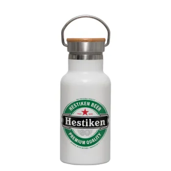 Hestiken Beer, Metallic thermos (Stainless steel) White with wooden lid (bamboo), double-walled, 350ml
