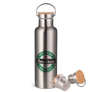 Hestiken Beer, Μεταλλικό παγούρι θερμός (Stainless steel) Ασημένιο με ξύλινο καπακι (bamboo), διπλού τοιχώματος, 750ml
