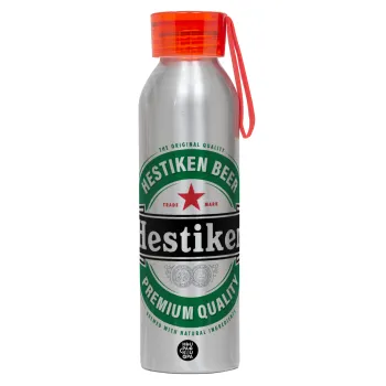 Hestiken Beer, Αλουμινένιο Αθλητικό Μπουκάλι 650ml – Ασημί με Κόκκινο Καπάκι και Λουράκι Σιλικόνης