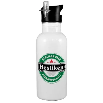 Hestiken Beer, White water bottle with straw, stainless steel 600ml