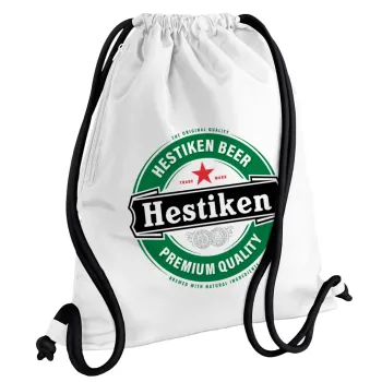 Hestiken Beer, Τσάντα πλάτης πουγκί GYMBAG λευκή, με τσέπη (40x48cm) & χονδρά κορδόνια