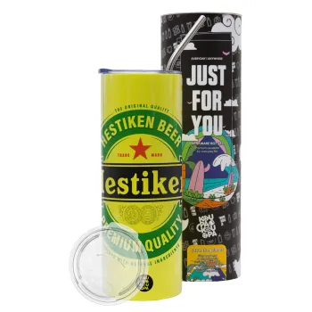 Hestiken Beer, Neon Yellow Travel Tumbler θερμό, μεταλλικό καλαμάκι(Ανωξείδωτο 304 Food grade, BPA free, 600ml)